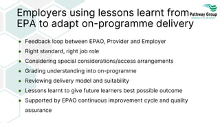 Employers using lessons learnt from
EPA to adapt on-programme delivery
● Feedback loop between EPAO, Provider and Employer
● Right standard, right job role
● Considering special considerations/access arrangements
● Grading understanding into on-programme
● Reviewing delivery model and suitability
● Lessons learnt to give future learners best possible outcome
● Supported by EPAO continuous improvement cycle and quality
assurance