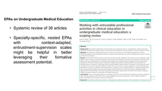 EPAs on Undergraduate Medical Education
• Systemic review of 36 articles
• Specialty-specific, nested EPAs
with context-adapted,
entrustment-supervision scales
might be helpful in better
leveraging their formative
assessment potential.
 