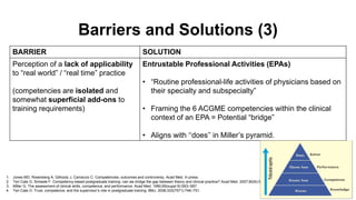 Barriers and Solutions (3)
BARRIER SOLUTION
Perception of a lack of applicability
to “real world” / “real time” practice
(competencies are isolated and
somewhat superficial add-ons to
training requirements)
Entrustable Professional Activities (EPAs)
• “Routine professional-life activities of physicians based on
their specialty and subspecialty”
• Framing the 6 ACGME competencies within the clinical
context of an EPA = Potential “bridge”
• Aligns with ‘‘does’’ in Miller’s pyramid.
1. Jones MD, Rosenberg A, Gilhooly J, Carraccio C. Competencies, outcomes and controversy. Acad Med. In press.
2. Ten Cate O, Scheele F. Competency-based postgraduate training: can we bridge the gap between theory and clinical practice? Acad Med. 2007;82(6):542–547.
3. Miller G. The assessment of clinical skills, competence, and performance. Acad Med. 1990;65(suppl 9):S63–S67.
4. Ten Cate O. Trust, competence, and the supervisor’s role in postgraduate training. BMJ. 2006;333(7571):748–751.
 