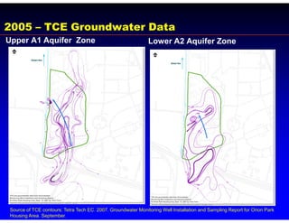 2005 – TCE Groundwater Data
Upper A1 Aquifer Zone                                         Lower A2 Aquifer Zone




Source of TCE contours: Tetra Tech EC. 2007. Groundwater Monitoring Well Installation and Sampling Report for Orion Park
Housing Area. September.
 