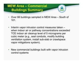 MEW Area – Commercial
Buildings Summary
• Over 66 buildings sampled in MEW Area – South of
101.
• Interim vapor intrusion control measures taken –
when indoor air or pathway concentrations exceeded
TCE indoor air cleanup level of 5 micrograms per
cubic meter (e.g., seal conduits, modify building
ventilation system, install sub-slab or crawlspace
vapor mitigations system).
• New commercial buildings built with vapor intrusion
control systems

 