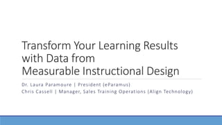 Transform Your Learning Results
with Data from
Measurable Instructional Design
Dr. Laura Paramoure | President (eParamus)
Chris Cassell | Manager, Sales Training Operations (Align Technology)
 
