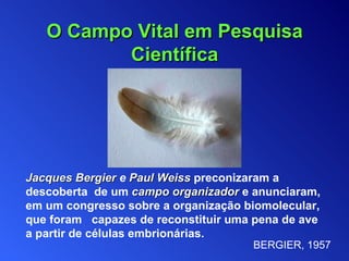 Jacques Bergier  e   Paul Weiss  preconizaram a  descoberta  de um   campo   organizador  e anunciaram,  em um congresso sobre a organização biomolecular,  que foram  capazes de reconstituir uma pena de ave  a  partir de células embrionárias. O Campo Vital em Pesquisa Cient ífica BERGIER, 1957 