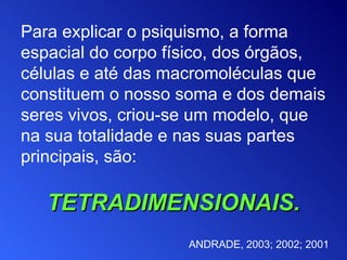 Para explicar o psiquismo, a forma espacial do corpo físico, dos órgãos, células e até das macromoléculas que constituem o nosso soma e   dos demais seres   vivos, criou-se um modelo, que na sua totalidade e nas suas partes principais, são :   TETRADIMENSIONAIS. ANDRADE, 2003; 2002; 2001 