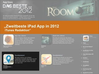 „Zweitbeste iPad App in 2012
iTunes Redaktion“
 