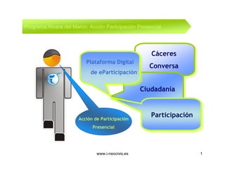 Programa Rivera del Marco: Acción Participación Presencial




                                                      Cáceres
                          Plataforma Digital
                                                     Conversa
                            de eParticipación


                                                   Ciudadanía



                       Acción de Participación
                                                      Participación
                             Presencial




                               www.i-neocivis.es                      1
 