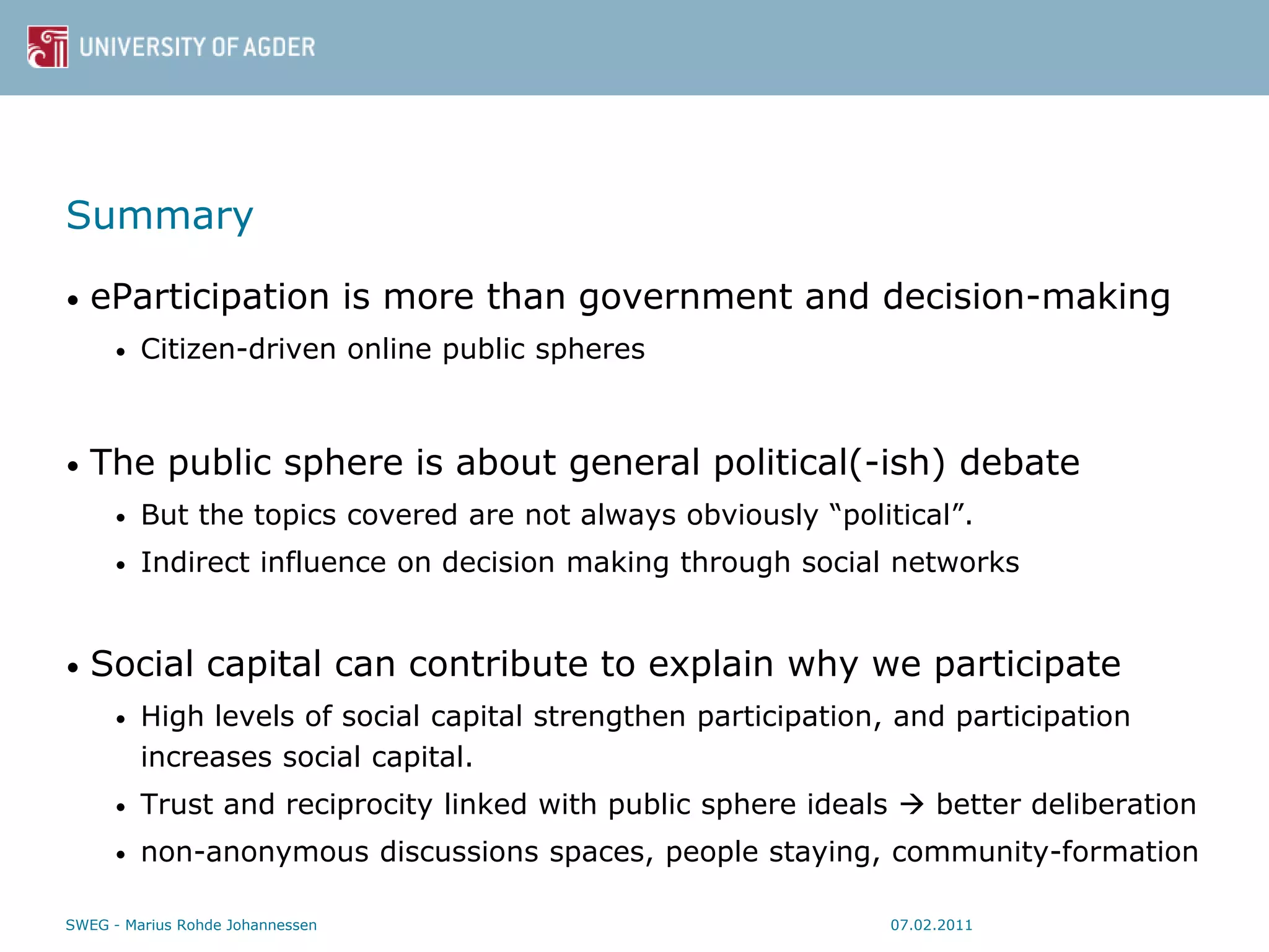 E participation, social capital and the public sphere | PPTX