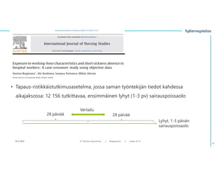 • Tapaus-ristikkäistutkimusasetelma, jossa saman työntekijän tiedot kahdessa
aikajaksossa: 12 156 tutkittavaa, ensimmäinen lyhyt (1-3 pv) sairauspoissaolo
28 päivää 28 päivää
Lyhyt, 1-3 päivän
sairauspoissaolo
Vertailu
10.12.2021 © ղöٱٴǲ | Ropponen | www.ttl.fi
13
 