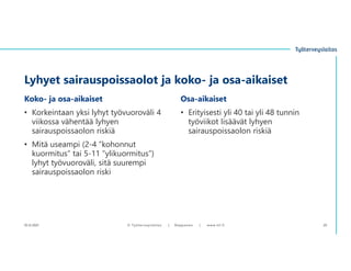 Koko- ja osa-aikaiset
• Korkeintaan yksi lyhyt työvuoroväli 4
viikossa vähentää lyhyen
sairauspoissaolon riskiä
• Mitä useampi (2-4 ”kohonnut
kuormitus” tai 5-11 ”ylikuormitus”)
lyhyt työvuoroväli, sitä suurempi
sairauspoissaolon riski
Lyhyet sairauspoissaolot ja koko- ja osa-aikaiset
10.12.2021 © ղöٱٴǲ | Ropponen | www.ttl.fi 20
Osa-aikaiset
• Erityisesti yli 40 tai yli 48 tunnin
työviikot lisäävät lyhyen
sairauspoissaolon riskiä
 