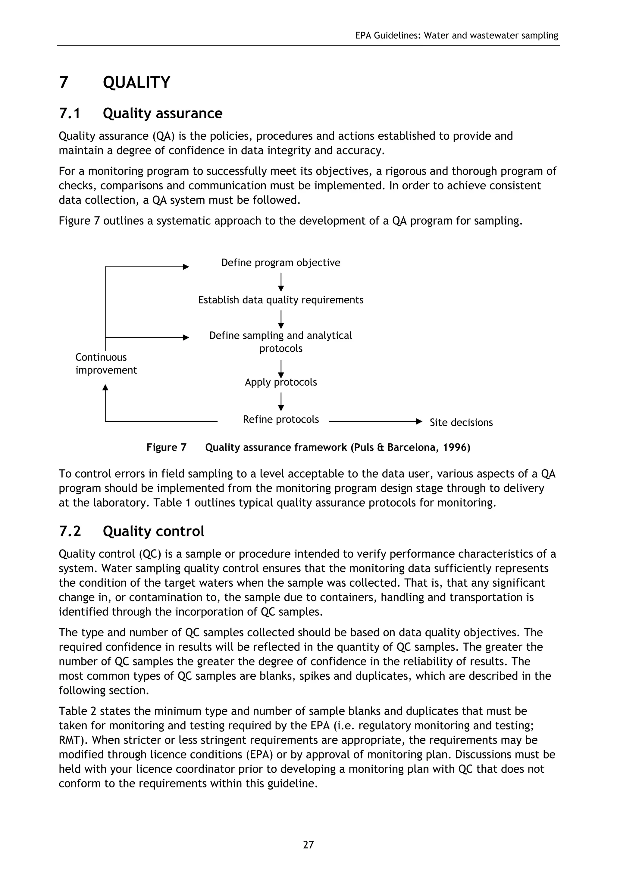 EPA Guidelines: Water and wastewater sampling
27
7 QUALITY
7.1 Quality assurance
Quality assurance (QA) is the policies, procedures and actions established to provide and
maintain a degree of confidence in data integrity and accuracy.
For a monitoring program to successfully meet its objectives, a rigorous and thorough program of
checks, comparisons and communication must be implemented. In order to achieve consistent
data collection, a QA system must be followed.
Figure 7 outlines a systematic approach to the development of a QA program for sampling.
Figure 7 Quality assurance framework (Puls & Barcelona, 1996)
To control errors in field sampling to a level acceptable to the data user, various aspects of a QA
program should be implemented from the monitoring program design stage through to delivery
at the laboratory. Table 1 outlines typical quality assurance protocols for monitoring.
7.2 Quality control
Quality control (QC) is a sample or procedure intended to verify performance characteristics of a
system. Water sampling quality control ensures that the monitoring data sufficiently represents
the condition of the target waters when the sample was collected. That is, that any significant
change in, or contamination to, the sample due to containers, handling and transportation is
identified through the incorporation of QC samples.
The type and number of QC samples collected should be based on data quality objectives. The
required confidence in results will be reflected in the quantity of QC samples. The greater the
number of QC samples the greater the degree of confidence in the reliability of results. The
most common types of QC samples are blanks, spikes and duplicates, which are described in the
following section.
Table 2 states the minimum type and number of sample blanks and duplicates that must be
taken for monitoring and testing required by the EPA (i.e. regulatory monitoring and testing;
RMT). When stricter or less stringent requirements are appropriate, the requirements may be
modified through licence conditions (EPA) or by approval of monitoring plan. Discussions must be
held with your licence coordinator prior to developing a monitoring plan with QC that does not
conform to the requirements within this guideline.
Site decisions
Define program objective
Establish data quality requirements
Apply protocols
Refine protocols
Continuous
improvement
Define sampling and analytical
protocols
 
