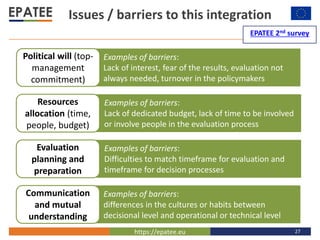 https://epatee.eu
Examples of barriers:
differences in the cultures or habits between
decisional level and operational or ...