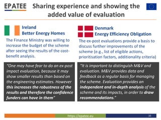 https://epatee.eu 33
Sharing experience and showing the
added value of evaluation
Ireland
Better Energy Homes
The Finance ...
