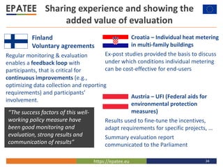 https://epatee.eu 34
Sharing experience and showing the
added value of evaluation
Finland
Voluntary agreements
Regular mon...