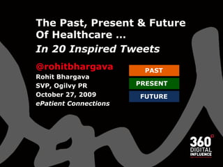 The Past, Present & Future Of Healthcare …  In 20 Inspired Tweets @rohitbhargava Rohit Bhargava  SVP, Ogilvy PR October 27, 2009 ePatient Connections PAST PRESENT FUTURE 