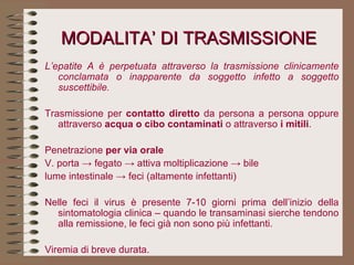 MODALITA’ DI TRASMISSIONE L’epatite A è perpetuata attraverso la trasmissione clinicamente conclamata o inapparente da soggetto infetto a soggetto suscettibile.   Trasmissione per  contatto diretto  da persona a persona oppure attraverso  acqua o cibo contaminati  o attraverso  i mitili .   Penetrazione  per via orale   V. porta -> fegato -> attiva moltiplicazione -> bile  lume intestinale -> feci (altamente infettanti)   Nelle feci il virus è presente 7-10 giorni prima dell’inizio della sintomatologia clinica – quando le transaminasi sierche tendono alla remissione, le feci già non sono più infettanti.   Viremia di breve durata.   