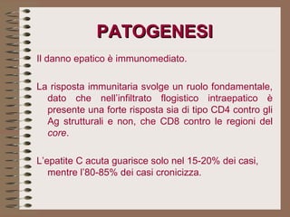 PATOGENESI Il danno epatico è immunomediato. La risposta immunitaria svolge un ruolo fondamentale, dato che nell’infiltrato flogistico intraepatico è presente una forte risposta sia di tipo CD4 contro gli Ag strutturali e non, che CD8 contro le regioni del  core .   L’epatite C acuta guarisce solo nel 15-20% dei casi, mentre l’80-85% dei casi cronicizza.   