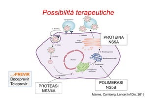 Manns, Cornberg, Lancet Inf Dis, 2013
...-PREVIR
Boceprevir
Telaprevir
Possibilità terapeutiche
PROTEASI
NS3/4A
POLIMERASI
NS5B
PROTEINA
NS5A
 