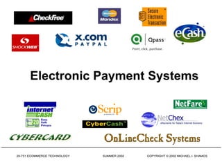 20-751 ECOMMERCE TECHNOLOGY SUMMER 2002 COPYRIGHT © 2002 MICHAEL I. SHAMOS
Electronic Payment Systems
 