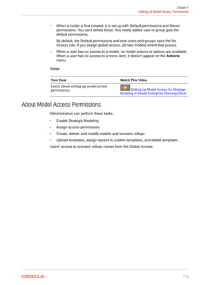 • When a model is first created, it is set up with Default permissions and Owner
permissions. You can't delete these. Any newly added user or group gets the
default permissions.
By default, the Default permissions and new users and groups have the No
Access role. If you assign global access, all new models inherit that access.
• When a user has no access to a model, no model actions or options are available.
When a user has no access to a menu item, it doesn't appear on the Actions
menu.
Video
Your Goal Watch This Video
Learn about setting up model access
permissions. Setting Up Model Access for Strategic
Modeling in Oracle Enterprise Planning Cloud
About Model Access Permissions
Administrators can perform these tasks:
• Enable Strategic Modeling
• Assign access permissions
• Create, delete, and modify models and scenario rollups
• Upload templates, assign access to custom templates, and delete templates
Users' access to scenario rollups comes from the Global Access.
Chapter 7
Setting Up Model Access Permissions
7-6
 