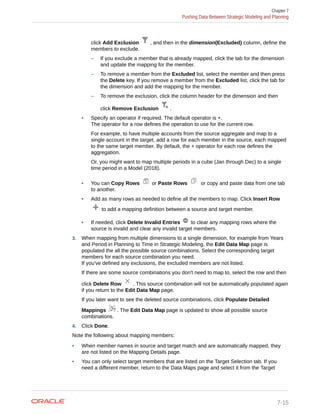 click Add Exclusion , and then in the dimension(Excluded) column, define the
members to exclude.
– If you exclude a member that is already mapped, click the tab for the dimension
and update the mapping for the member.
– To remove a member from the Excluded list, select the member and then press
the Delete key. If you remove a member from the Excluded list, click the tab for
the dimension and add the mapping for the member.
– To remove the exclusion, click the column header for the dimension and then
click Remove Exclusion .
• Specify an operator if required. The default operator is +.
The operator for a row defines the operation to use for the current row.
For example, to have multiple accounts from the source aggregate and map to a
single account in the target, add a row for each member in the source, each mapped
to the same target member. By default, the + operator for each row defines the
aggregation.
Or, you might want to map multiple periods in a cube (Jan through Dec) to a single
time period in a Model (2018).
• You can Copy Rows or Paste Rows or copy and paste data from one tab
to another.
• Add as many rows as needed to define all the members to map. Click Insert Row
to add a mapping definition between a source and target member.
• If needed, click Delete Invalid Entries to clear any mapping rows where the
source is invalid and clear any invalid target members.
3. When mapping from multiple dimensions to a single dimension, for example from Years
and Period in Planning to Time in Strategic Modeling, the Edit Data Map page is
populated the all the possible source combinations. Select the corresponding target
members for each source combination you need.
If you've defined any exclusions, the excluded members are not listed.
If there are some source combinations you don't need to map to, select the row and then
click Delete Row . This source combination will not be automatically populated again
if you return to the Edit Data Map page.
If you later want to see the deleted source combinations, click Populate Detailed
Mappings . The Edit Data Map page is updated to show all possible source
combinations.
4. Click Done.
Note the following about mapping members:
• When member names in source and target match and are automatically mapped, they
are not listed on the Mapping Details page.
• You can only select target members that are listed on the Target Selection tab. If you
need a different member, return to the Data Maps page and select it from the Target
Chapter 7
Pushing Data Between Strategic Modeling and Planning
7-15
 