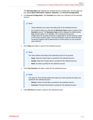 The Edit Data Map page displays the selected account configuration. On this page you
can update Basic Information, Options, Selection, and Account Configuration.
2. For Account Configuration, click Scenario and make your selections for the selected
account.
Note:
• These selections are used in the data push for the selected account.
• For scenario rollups you will see the Business Case column in place of the
Scenario column. The Business Case column displays the default option
Any and this option is not editable. This is because the account
configuration for the data movement is applicable for all the business cases
in the current scenario rollup. The exact business cases for which the data
movement happens will be determined at runtime based on your business
case selection.
3. Click Value and select a value for the selected account.
Note:
The Value defines what data of the selected account to be pushed:
• Input: Data from Input Value is pushed for the selected account.
• Output: Data from Output Value is pushed for the selected account.
• None: No data is pushed for the selected account
4. Click Time Periods and select a value for the selected account.
Note:
The value for Time Periods defines the data from which periods the data to be
pushed for the selected account:
• History: History Period data is pushed for the selected account.
• Forecast: Forecast Period data is pushed for the selected account.
5. Click Cell Text and select a value for the selected account.
Chapter 7
Pushing Data from a Strategic Modeling Model to Multiple Strategic Modeling Models
7-25
 