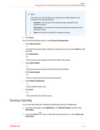 Note:
The value for Cell Text defines the cell text from which cell text to be
pushed for the selected account:
• Scenario: The cell text for the Scenario cell is pushed for the
selected account.
• Time Series: The cell text for the time period cells is pushed for the
selected account.
• None: No cell text is pushed for the given account.
6. Click Done.
You can do the following actions in the Account Configuration:
• Click Add Accounts
, this lists the Accounts page. Select the required accounts and click Select to add
accounts.
• Click Delete Row
: Select the row to be deleted and click the Delete Row button.
• Click Copy Row(s)
: Select the row to be copied and click the Copy Row button.
• Click Paste Row(s)
: Click on the grid and click the Paste Row button.
• Click Delete Invalid Entry
: Click to delete invalid entry.
• Click Find
: Click and enter the word for search.
Running a Data Map
You run the Data Map after creating and defining the account configuration.
1. From the Home page, click Application, then Data Exchange, and then click
Data Maps.
2. From the Actions menu for the data map you want to run, select Clear and
Push Data.
Chapter 7
Pushing Data from a Strategic Modeling Model to Multiple Strategic Modeling Models
7-26
 