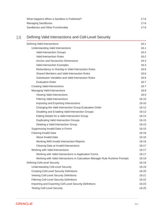 What Happens When a Sandbox is Published? 17-6
Managing Sandboxes 17-6
Sandboxes and Other Functionality 17-6
18 Defining Valid Intersections and Cell-Level Security
Defining Valid Intersections 18-1
Understanding Valid Intersections 18-1
Valid Intersection Groups 18-2
Valid Intersection Rules 18-2
Anchor and Nonanchor Dimensions 18-3
Valid Intersection Examples 18-3
Redundancy or Overlap in Valid Intersection Rules 18-6
Shared Members and Valid Intersection Rules 18-6
Substitution Variables and Valid Intersection Rules 18-6
Evaluation Order 18-7
Creating Valid Intersections 18-7
Managing Valid Intersections 18-8
Viewing Valid Intersections 18-9
Filtering Valid Intersections 18-10
Importing and Exporting Intersections 18-10
Changing the Valid Intersection Group Evaluation Order 18-12
Disabling and Enabling Valid Intersection Groups 18-13
Editing Details for a Valid Intersection Group 18-13
Duplicating Valid Intersection Groups 18-15
Deleting a Valid Intersection Group 18-15
Suppressing Invalid Data in Forms 18-15
Clearing Invalid Data 18-16
About Invalid Data 18-16
Working With Invalid Intersection Reports 18-16
Clearing Data at Invalid Intersections 18-17
Working with Valid Intersections 18-17
Working with Valid Intersections in Application Forms 18-17
Working with Valid Intersections in Calculation Manager Rule Runtime Prompts 18-19
Defining Cell-Level Security 18-19
Understanding Cell-Level Security 18-19
Creating Cell-Level Security Definitions 18-20
Viewing Cell-Level Security Definitions 18-21
Filtering Cell-Level Security Definitions 18-22
Importing and Exporting Cell-Level Security Definitions 18-23
Testing Cell-Level Security 18-25
xvi
 
