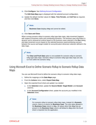 11. Click Configure. See Defining Account Configuration.
The Edit Data Map page is displayed with the selected account configuration.
12. Update the default member values for Value, Time Periods, and Cell Text as required,
and then click Done.
Note:
Business Case displays Any and cannot be edited.
13. Click Save and Close.
When running scenario rollup to scenario rollup type data maps, data movement happens
with respect to business cases and contributing scenarios. The business case information is
dynamic and is retrieved at runtime based on the business cases selected in the Run dialog,
and data movement occurs based on the selected business case/contributing scenario
between the source and target models for account/custom dimension selection defined in the
data maps.
Note:
The Clear and Push Data option is not available for scenario rollup to scenario
rollup type data maps. Scenario rollup to scenario rollup type data maps are only
run from within the scenario rollup.
Using Microsoft Excel to Define Scenario Rollup to Scenario Rollup Data
Maps
You can use Microsoft Excel to define the scenario rollup to scenario rollup data maps.
1. Define the mappings on the Data Maps page.
2. From the Actions menu, select Export Data Map.
3. Open the exported Excel sheet and update it as needed:
a. In the Selection sheet, update the Source Model, Target Model, and Account
columns.
b. In the Account Configuration sheet, update the accounts you modified in the
Selection sheet.
Note:
For scenario rollup to scenario rollup data maps, instead of a Scenario
column, there is a column for Business Case. The only value allowed in
the Business Case column is Any. All values other than Any that are
present in the Business Case column will default to Any when the Excel
sheet is imported into the application.
Chapter 7
Pushing Data from a Strategic Modeling Scenario Rollup to a Strategic Modeling Scenario Rollup
7-29
 