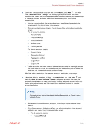 2. Define the subaccounts to copy: On the Accounts tab, click Add and then
click Add Subaccount Change. The list displays all the accounts that have
subaccounts. Select the accounts that have the subaccounts that you want to copy
to the target models, and then select from additional options for copying
subaccounts:
• Keep account details in the target—Keeps account hierarchy details in the
target even if they do not exist in the source.
• Copy account attributes—Copies the attributes of the selected account to the
target.
For all accounts, copies:
– Account Name
– Forecast Method
– Subtotal Method
– Account Note
– Exchange Rate
For Memo accounts, copies:
– Account Name
– Calculation Method
– Aggregation Method
– Output Type
– Output Unit
• Delete accounts not in the source—Deletes any accounts in the target that are
not in the source. Oracle recommends that you select this option. Clearing this
selection can cause errors during scenario rollup.
All of the subaccounts from the selected accounts are copied to the target.
3. Define the account attributes to copy: On the Accounts tab, click Add and
then click Add Account Attribute Change. Select the accounts that have the
attributes that you want to copy to the target models, select the scenarios to copy
for the selected accounts, and then select from additional options for copying
account attributes:
Note:
Account names are not translated to other languages, as they are user-
editable fields.
• Rename Accounts—Renames accounts in the target to match those in the
source.
• Copy Other Account Attributes—When you select this option, these account
attributes are copied from the source to the target:
– For all accounts, copies:
* Forecast Method
Chapter 7
Managing Metadata with Model Change Management
7-32
 