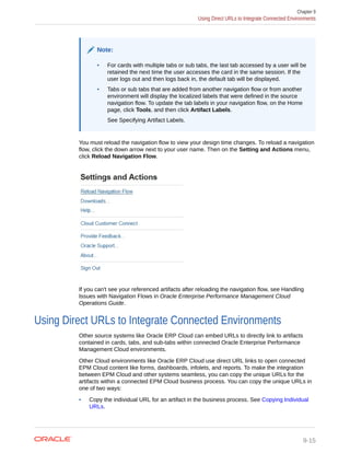 Note:
• For cards with multiple tabs or sub tabs, the last tab accessed by a user will be
retained the next time the user accesses the card in the same session. If the
user logs out and then logs back in, the default tab will be displayed.
• Tabs or sub tabs that are added from another navigation flow or from another
environment will display the localized labels that were defined in the source
navigation flow. To update the tab labels in your navigation flow, on the Home
page, click Tools, and then click Artifact Labels.
See Specifying Artifact Labels.
You must reload the navigation flow to view your design time changes. To reload a navigation
flow, click the down arrow next to your user name. Then on the Setting and Actions menu,
click Reload Navigation Flow.
If you can't see your referenced artifacts after reloading the navigation flow, see Handling
Issues with Navigation Flows in Oracle Enterprise Performance Management Cloud
Operations Guide.
Using Direct URLs to Integrate Connected Environments
Other source systems like Oracle ERP Cloud can embed URLs to directly link to artifacts
contained in cards, tabs, and sub-tabs within connected Oracle Enterprise Performance
Management Cloud environments.
Other Cloud environments like Oracle ERP Cloud use direct URL links to open connected
EPM Cloud content like forms, dashboards, infolets, and reports. To make the integration
between EPM Cloud and other systems seamless, you can copy the unique URLs for the
artifacts within a connected EPM Cloud business process. You can copy the unique URLs in
one of two ways:
• Copy the individual URL for an artifact in the business process. See Copying Individual
URLs.
Chapter 9
Using Direct URLs to Integrate Connected Environments
9-15
 