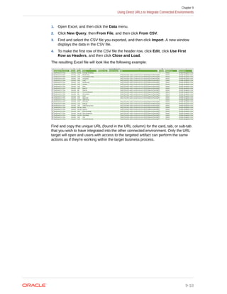 1. Open Excel, and then click the Data menu.
2. Click New Query, then From File, and then click From CSV.
3. Find and select the CSV file you exported, and then click Import. A new window
displays the data in the CSV file.
4. To make the first row of the CSV file the header row, click Edit, click Use First
Row as Headers, and then click Close and Load.
The resulting Excel file will look like the following example:
Find and copy the unique URL (found in the URL column) for the card, tab, or sub-tab
that you wish to have integrated into the other connected environment. Only the URL
target will open and users with access to the targeted artifact can perform the same
actions as if they're working within the target business process.
Chapter 9
Using Direct URLs to Integrate Connected Environments
9-18
 