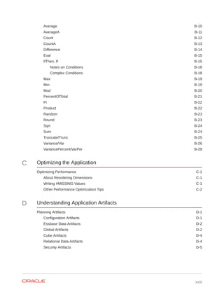 Average B-10
AverageA B-11
Count B-12
CountA B-13
Difference B-14
Eval B-15
IfThen, If B-15
Notes on Conditions B-18
Complex Conditions B-18
Max B-19
Min B-19
Mod B-20
PercentOfTotal B-21
Pi B-22
Product B-22
Random B-23
Round B-23
Sqrt B-24
Sum B-24
Truncate/Trunc B-25
Variance/Var B-26
VariancePercent/VarPer B-28
C Optimizing the Application
Optimizing Performance C-1
About Reordering Dimensions C-1
Writing #MISSING Values C-1
Other Performance Optimization Tips C-2
D Understanding Application Artifacts
Planning Artifacts D-1
Configuration Artifacts D-1
Essbase Data Artifacts D-2
Global Artifacts D-2
Cube Artifacts D-4
Relational Data Artifacts D-4
Security Artifacts D-5
xxiii
 