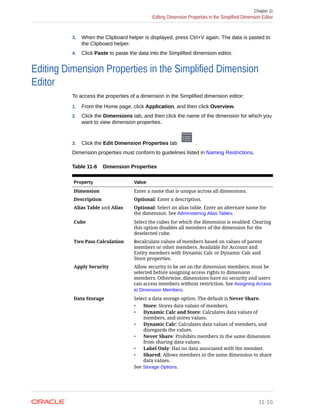 3. When the Clipboard helper is displayed, press Ctrl+V again. The data is pasted to
the Clipboard helper.
4. Click Paste to paste the data into the Simplified dimension editor.
Editing Dimension Properties in the Simplified Dimension
Editor
To access the properties of a dimension in the Simplified dimension editor:
1. From the Home page, click Application, and then click Overview.
2. Click the Dimensions tab, and then click the name of the dimension for which you
want to view dimension properties.
3. Click the Edit Dimension Properties tab .
Dimension properties must conform to guidelines listed in Naming Restrictions.
Table 11-6 Dimension Properties
Property Value
Dimension Enter a name that is unique across all dimensions.
Description Optional: Enter a description.
Alias Table and Alias Optional: Select an alias table. Enter an alternate name for
the dimension. See Administering Alias Tables.
Cube Select the cubes for which the dimension is enabled. Clearing
this option disables all members of the dimension for the
deselected cube.
Two Pass Calculation Recalculate values of members based on values of parent
members or other members. Available for Account and
Entity members with Dynamic Calc or Dynamic Calc and
Store properties.
Apply Security Allow security to be set on the dimension members; must be
selected before assigning access rights to dimension
members. Otherwise, dimensions have no security and users
can access members without restriction. See Assigning Access
to Dimension Members.
Data Storage Select a data storage option. The default is Never Share.
• Store: Stores data values of members.
• Dynamic Calc and Store: Calculates data values of
members, and stores values.
• Dynamic Calc: Calculates data values of members, and
disregards the values.
• Never Share: Prohibits members in the same dimension
from sharing data values.
• Label Only: Has no data associated with the member.
• Shared: Allows members in the same dimension to share
data values.
See Storage Options.
Chapter 11
Editing Dimension Properties in the Simplified Dimension Editor
11-16
 