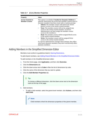 Table 11-7 (Cont.) Member Properties
Property Value
Access Granted to
Member Creator
This option is available if Enable for Dynamic Children is
selected. Determines the access that member creators have to
dynamic members that they create with a runtime prompt:
• Inherit: The member creator will inherit the closest
parent's access to the newly-created member.
• None: The member creator will not be assigned any
access to the newly-created member. (A Service
Administrator can later assign the member creator
access to the members.)
• Read: The member creator will be assigned Read access
to the newly-created member.
• Write: The member creator will be assigned Write
access to the newly-created member.
If a Service Administrator changes these settings, they affect
only future dynamic members; they don't retroactively affect
dynamic members.
Adding Members in the Simplified Dimension Editor
Members must conform to guidelines listed in Naming Restrictions.
To add shared members, see Adding Shared Members in the Simplified Dimension Editor.
To add members in the Simplified dimension editor:
1. From the Home page, click Application, and then click Overview.
2. Click the Dimensions tab.
3. Click the down arrow next to Cube to filter the list of dimensions by cube.
4. Click the name of the dimension that you want to update.
5. Click the Edit Member Properties tab.
Tip:
To choose a different dimension, click the down arrow next to the dimension
name at the top of the page.
6. Add members:
• To add a child member, select the parent level member, click Actions, and then click
Add Child.
Note:
Child members inherit the dimension properties of the parent member.
Chapter 11
Editing Member Properties in the Simplified Dimension Editor
11-21
 