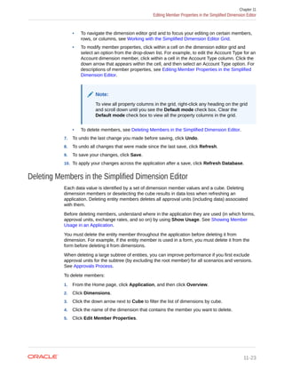 • To navigate the dimension editor grid and to focus your editing on certain members,
rows, or columns, see Working with the Simplified Dimension Editor Grid.
• To modify member properties, click within a cell on the dimension editor grid and
select an option from the drop-down list. For example, to edit the Account Type for an
Account dimension member, click within a cell in the Account Type column. Click the
down arrow that appears within the cell, and then select an Account Type option. For
descriptions of member properties, see Editing Member Properties in the Simplified
Dimension Editor.
Note:
To view all property columns in the grid, right-click any heading on the grid
and scroll down until you see the Default mode check box. Clear the
Default mode check box to view all the property columns in the grid.
• To delete members, see Deleting Members in the Simplified Dimension Editor.
7. To undo the last change you made before saving, click Undo.
8. To undo all changes that were made since the last save, click Refresh.
9. To save your changes, click Save.
10. To apply your changes across the application after a save, click Refresh Database.
Deleting Members in the Simplified Dimension Editor
Each data value is identified by a set of dimension member values and a cube. Deleting
dimension members or deselecting the cube results in data loss when refreshing an
application. Deleting entity members deletes all approval units (including data) associated
with them.
Before deleting members, understand where in the application they are used (in which forms,
approval units, exchange rates, and so on) by using Show Usage. See Showing Member
Usage in an Application.
You must delete the entity member throughout the application before deleting it from
dimension. For example, if the entity member is used in a form, you must delete it from the
form before deleting it from dimensions.
When deleting a large subtree of entities, you can improve performance if you first exclude
approval units for the subtree (by excluding the root member) for all scenarios and versions.
See Approvals Process.
To delete members:
1. From the Home page, click Application, and then click Overview.
2. Click Dimensions.
3. Click the down arrow next to Cube to filter the list of dimensions by cube.
4. Click the name of the dimension that contains the member you want to delete.
5. Click Edit Member Properties.
Chapter 11
Editing Member Properties in the Simplified Dimension Editor
11-23
 
