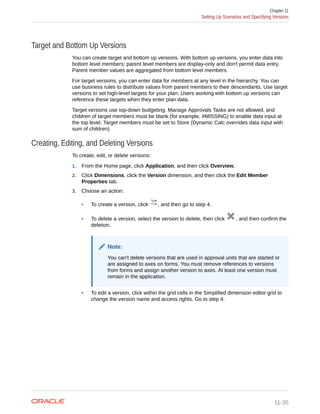 Target and Bottom Up Versions
You can create target and bottom up versions. With bottom up versions, you enter data into
bottom level members; parent level members are display-only and don't permit data entry.
Parent member values are aggregated from bottom level members.
For target versions, you can enter data for members at any level in the hierarchy. You can
use business rules to distribute values from parent members to their descendants. Use target
versions to set high-level targets for your plan. Users working with bottom up versions can
reference these targets when they enter plan data.
Target versions use top-down budgeting. Manage Approvals Tasks are not allowed, and
children of target members must be blank (for example, #MISSING) to enable data input at
the top level. Target members must be set to Store (Dynamic Calc overrides data input with
sum of children).
Creating, Editing, and Deleting Versions
To create, edit, or delete versions:
1. From the Home page, click Application, and then click Overview.
2. Click Dimensions, click the Version dimension, and then click the Edit Member
Properties tab.
3. Choose an action:
• To create a version, click , and then go to step 4.
• To delete a version, select the version to delete, then click , and then confirm the
deletion.
Note:
You can't delete versions that are used in approval units that are started or
are assigned to axes on forms. You must remove references to versions
from forms and assign another version to axes. At least one version must
remain in the application.
• To edit a version, click within the grid cells in the Simplified dimension editor grid to
change the version name and access rights. Go to step 4.
Chapter 11
Setting Up Scenarios and Specifying Versions
11-35
 