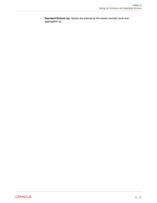 • Standard Bottom Up: Values are entered at the lowest member level and
aggregated up.
Chapter 11
Setting Up Scenarios and Specifying Versions
11-37
 