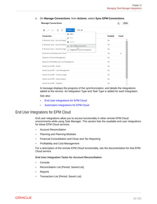 5. On Manage Connections, from Actions, select Sync EPM Connections.
A message displays the progress of the synchronization, and details the integrations
added to the service. An Integration Type and Task Type is added for each Integration.
See also:
• End User Integrations for EPM Cloud
• Automation Integrations for EPM Cloud
End User Integrations for EPM Cloud
End user integrations allow you to access functionality in other remote EPM Cloud
environments while using Task Manager. This section lists the available end user integrations
for these EPM Cloud services:
• Account Reconciliation
• Planning and Planning Modules
• Financial Consolidation and Close and Tax Reporting
• Profitability and Cost Management
For a description of the remote EPM Cloud functionality, see the documentation for that EPM
Cloud service.
End User Integration Tasks for Account Reconciliation
• Console
• Reconciliation List (Period, Saved List)
• Reports
• Transaction List (Period, Saved List)
Chapter 12
Managing Task Manager Integrations
12-111
 