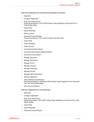 End User Integrations for Financial Consolidation and Close
• Approvals
• Configure Application
• Enter Form Data (Form)
Required parameter is Form (EPM Artifact Type) displayed in drop down list in
Task Details dialog.
• Export Data
• Export Metadata
• Export Journal
• Generate Financial Report
Required parameter is the choice of report from drop down.
• Import Data
• Import Metadata
• Import Journal
• Invalid Intersections Report
• Generate Intercompany Matching Report
• Generate Journal Report
• Manage Approvals
• Manage Dimensions
• Manage Forms
• Manage Journals
• Manage Ownership
• Manage Periods
• Manage Valid Intersections
• Refresh Application
• View Dashboard (Dashboard)
Required parameter is Dashboard (EPM Artifact Type) displayed in the drop down
list in the Task Details dialog.
• View Financial Reports
End User Integrations for Tax Reporting
• Approvals
• Configure Application
• Enter Form Data (Form)
Required parameter Form (EPM Artifact Type) displayed in drop down list in Task
Details dialog.
• Export Data
• Export Metadata
• Generate Financial Report
Chapter 12
Managing Task Manager Integrations
12-112
 