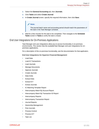 2. Select the General Accounting tab, then Journals.
3. Click Tasks and select Create Journal.
4. In Create Journal screen, specify the required information, then click Save.
Note:
The journal batch name and accounting period should match the parameters of
the task in the Task Manager schedule.
5. Wait for a few minutes for the task to be completed. Then navigate to the Schedule
Tasks screen in Tasks to verify the task is closed.
End User Integrations for On-Premises Applications
Task Manager end user integrations allow you to access functionality in on-premises
environments. This section lists the availableTask Manager end user integrations for on-
premises applications.
For a description of the on-premises functionality, see the documentation for that application.
End User Integrations for Hyperion Financial Management
• Load Data
• Load IC Transactions
• Load Journals
• Manage Documents
• Approve Journals
• Create Journals
• Data Grids
• Extract Data
• Extract ICT
• Extract Journals
• IC Matching Template Report
• Intercompany Match By Account Report
• Intercompany Match By Transaction ID Report
• Intercompany Reports
• Intercompany Transaction Report
• Journal Reports
• Ownership Management
• Post Journals
• Process Control
• Process ICT
• Task List
Chapter 12
Managing Task Manager Integrations
12-151
 