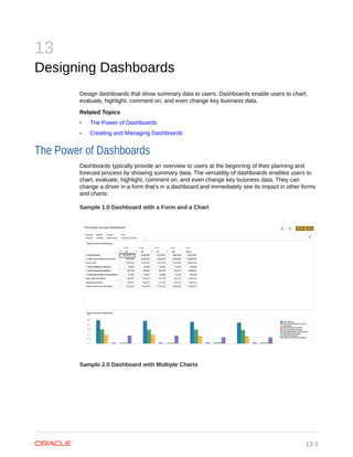 13
Designing Dashboards
Design dashboards that show summary data to users. Dashboards enable users to chart,
evaluate, highlight, comment on, and even change key business data.
Related Topics
• The Power of Dashboards
• Creating and Managing Dashboards
The Power of Dashboards
Dashboards typically provide an overview to users at the beginning of their planning and
forecast process by showing summary data. The versatility of dashboards enables users to
chart, evaluate, highlight, comment on, and even change key business data. They can
change a driver in a form that's in a dashboard and immediately see its impact in other forms
and charts:
Sample 1.0 Dashboard with a Form and a Chart
Sample 2.0 Dashboard with Multiple Charts
13-1
 