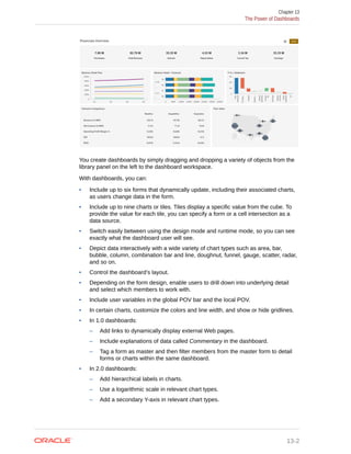You create dashboards by simply dragging and dropping a variety of objects from the
library panel on the left to the dashboard workspace.
With dashboards, you can:
• Include up to six forms that dynamically update, including their associated charts,
as users change data in the form.
• Include up to nine charts or tiles. Tiles display a specific value from the cube. To
provide the value for each tile, you can specify a form or a cell intersection as a
data source.
• Switch easily between using the design mode and runtime mode, so you can see
exactly what the dashboard user will see.
• Depict data interactively with a wide variety of chart types such as area, bar,
bubble, column, combination bar and line, doughnut, funnel, gauge, scatter, radar,
and so on.
• Control the dashboard’s layout.
• Depending on the form design, enable users to drill down into underlying detail
and select which members to work with.
• Include user variables in the global POV bar and the local POV.
• In certain charts, customize the colors and line width, and show or hide gridlines.
• In 1.0 dashboards:
– Add links to dynamically display external Web pages.
– Include explanations of data called Commentary in the dashboard.
– Tag a form as master and then filter members from the master form to detail
forms or charts within the same dashboard.
• In 2.0 dashboards:
– Add hierarchical labels in charts.
– Use a logarithmic scale in relevant chart types.
– Add a secondary Y-axis in relevant chart types.
Chapter 13
The Power of Dashboards
13-2
 