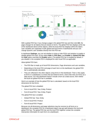 With a global POV bar, if you change a page in the global POV bar and then click GO, the
page changes for all objects that are based on forms. The global POV bar displays at the top
of the dashboard above all the objects, while the local POV bar displays within the object.
User variables are supported in both global and local POVs in dashboards and you can
change dynamic user variables directly from the POV bar.
In dashboard Settings, you can set whether to show or hide POVs and whether to enable or
disable global POV bars. (If you select Hide for POV Bars, and Enable for Global POV Bar,
the Hide option overrides the Enable option.) The global POV bar is enabled by default; if
you disable it, the complete POV is displayed for each local POV as applicable.
About global POV bars:
• The POV Bar is made up of local POV dimensions, Page dimensions and user variables.
• Depending on the local POV and page of each form on the dashboard, the global POV
bar is automatically calculated.
• They are reflected in the other objects using forms in that dashboard. That is, they apply
to forms in a dashboard, to charts that are linked to forms, and to tiles that use forms as a
data source. So if the dashboard doesn’t include a form as a data source, then neither
the local nor global POV bar is available.
Here's an example of how the global POV bar is calculated, based on the local POV
dimensions for two forms:
The global POV bar is disabled:
• Form A local POV: Year, Entity, Product
• Form B local POV: Year, Entity, Project
The global POV bar is enabled:
• Global POV bar: Year, Entity
• Form A local POV: Product
• Form B local POV: Project
Because not all dimensions and page selections may be common to all forms on a
dashboard, the complete POV for a dashboard object may get split between the local and
global POV bar. The global POV bar and the local POV together contain the complete
intersection information for each form on a dashboard.
Chapter 13
Creating and Managing Dashboards
13-15
 