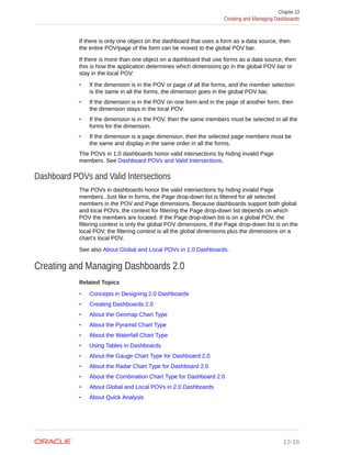 If there is only one object on the dashboard that uses a form as a data source, then
the entire POV/page of the form can be moved to the global POV bar.
If there is more than one object on a dashboard that use forms as a data source, then
this is how the application determines which dimensions go in the global POV bar or
stay in the local POV:
• If the dimension is in the POV or page of all the forms, and the member selection
is the same in all the forms, the dimension goes in the global POV bar.
• If the dimension is in the POV on one form and in the page of another form, then
the dimension stays in the local POV.
• If the dimension is in the POV, then the same members must be selected in all the
forms for the dimension.
• If the dimension is a page dimension, then the selected page members must be
the same and display in the same order in all the forms.
The POVs in 1.0 dashboards honor valid intersections by hiding invalid Page
members. See Dashboard POVs and Valid Intersections.
Dashboard POVs and Valid Intersections
The POVs in dashboards honor the valid intersections by hiding invalid Page
members. Just like in forms, the Page drop-down list is filtered for all selected
members in the POV and Page dimensions. Because dashboards support both global
and local POVs, the context for filtering the Page drop-down list depends on which
POV the members are located. If the Page drop-down list is on a global POV, the
filtering context is only the global POV dimensions. If the Page drop-down list is on the
local POV, the filtering context is all the global dimensions plus the dimensions on a
chart’s local POV.
See also About Global and Local POVs in 1.0 Dashboards.
Creating and Managing Dashboards 2.0
Related Topics
• Concepts in Designing 2.0 Dashboards
• Creating Dashboards 2.0
• About the Geomap Chart Type
• About the Pyramid Chart Type
• About the Waterfall Chart Type
• Using Tables in Dashboards
• About the Gauge Chart Type for Dashboard 2.0
• About the Radar Chart Type for Dashboard 2.0
• About the Combination Chart Type for Dashboard 2.0
• About Global and Local POVs in 2.0 Dashboards
• About Quick Analysis
Chapter 13
Creating and Managing Dashboards
13-16
 