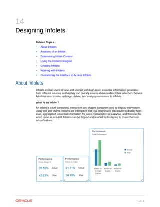 14
Designing Infolets
Related Topics
• About Infolets
• Anatomy of an Infolet
• Determining Infolet Content
• Using the Infolets Designer
• Creating Infolets
• Working with Infolets
• Customizing the Interface to Access Infolets
About Infolets
Infolets enable users to view and interact with high-level, essential information generated
from different sources so that they can quickly assess where to direct their attention. Service
Administrators create, redesign, delete, and assign permissions to infolets.
What is an Infolet?
An infolet is a self-contained, interactive box-shaped container used to display information
using text and charts. Infolets are interactive and use progressive disclosure to display high-
level, aggregated, essential information for quick consumption at a glance, and then can be
acted upon as needed. Infolets can be flipped and resized to display up to three charts or
sets of values.
14-1
 