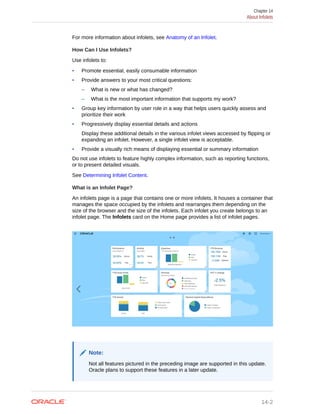 For more information about infolets, see Anatomy of an Infolet.
How Can I Use Infolets?
Use infolets to:
• Promote essential, easily consumable information
• Provide answers to your most critical questions:
– What is new or what has changed?
– What is the most important information that supports my work?
• Group key information by user role in a way that helps users quickly assess and
prioritize their work
• Progressively display essential details and actions
Display these additional details in the various infolet views accessed by flipping or
expanding an infolet. However, a single infolet view is acceptable.
• Provide a visually rich means of displaying essential or summary information
Do not use infolets to feature highly complex information, such as reporting functions,
or to present detailed visuals.
See Determining Infolet Content.
What is an Infolet Page?
An infolets page is a page that contains one or more infolets. It houses a container that
manages the space occupied by the infolets and rearranges them depending on the
size of the browser and the size of the infolets. Each infolet you create belongs to an
infolet page. The Infolets card on the Home page provides a list of infolet pages.
Note:
Not all features pictured in the preceding image are supported in this update.
Oracle plans to support these features in a later update.
Chapter 14
About Infolets
14-2
 