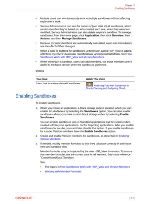 • Multiple users can simultaneously work in multiple sandboxes without affecting
each other's work.
• Service Administrators can see the names of (and data in) all sandboxes, which
version member they're based on, who created each one, when they were last
modified. Service Administrators can also delete anyone's sandbox. To manage
sandboxes, from the Home page, click Application, then click Overview, then
Actions, and then Manage Sandboxes.
• Because dynamic members are automatically calculated, users can immediately
see the effect of their changes.
• When a cube is enabled for sandboxes, a dimension called HSP_View is added,
with three members: BaseData, SandboxData, and ConsolidatedData. See How
Sandboxes Work with HSP_View and Version Members.
• When working in a sandbox, users can add members, but those members aren't
added to the base version when the sandbox is published.
Videos
Your Goal Watch This Video
Learn how to analyze data with sandboxes.
Analyzing Data with Sandboxes in
Oracle Planning and Budgeting Cloud
Enabling Sandboxes
To enable sandboxes:
1. When you create an application, a block storage cube is created, which you can
enable for sandboxes by selecting the Sandboxes option. You can also enable
sandboxes when you create custom block storage cubes by selecting Enable
Sandboxes.
You can enable sandboxes only in Standard applications and for custom cubes
created in Enterprise applications, not for Reporting applications. After you enable
sandboxes for a cube, you can’t later disable that option. If you enable sandboxes
for a cube, Version members have the Enable Sandboxes option.
2. Create and enable Version members for sandboxes, as described in Enabling
Version Members.
3. If needed, modify member formulas so that they calculate correctly in both base
view and sandbox view.
Member formulas may be impacted by the new HSP_View dimension. To ensure
that member formulas use the correct data for all versions, they must reference
"ConsolidatedData"/Sandbox.
See:
• The topics in How Sandboxes Work with HSP_View and Version Members
• Working with Member Formulas
Chapter 17
Enabling Sandboxes
17-2
 