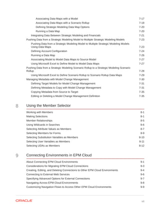 Associating Data Maps with a Model 7-17
Associating Data Maps with a Scenario Rollup 7-18
Defining Strategic Modeling Data Map Options 7-20
Running a Data Map 7-20
Integrating Data Between Strategic Modeling and Financials 7-21
Pushing Data from a Strategic Modeling Model to Multiple Strategic Modeling Models 7-23
Pushing Data from a Strategic Modeling Model to Multiple Strategic Modeling Models
Using Data Maps 7-23
Defining Account Configuration 7-24
Running a Data Map 7-26
Associating Model to Model Data Maps to Source Model 7-27
Using Microsoft Excel to Define Model to Model Data Maps 7-27
Pushing Data from a Strategic Modeling Scenario Rollup to a Strategic Modeling Scenario
Rollup 7-28
Using Microsoft Excel to Define Scenario Rollup to Scenario Rollup Data Maps 7-29
Managing Metadata with Model Change Management 7-30
Defining Target Models for Model Change Management 7-31
Defining Metadata to Copy with Model Change Management 7-31
Copying Metadata from Source to Target 7-35
Editing or Deleting a Model Change Management Definition 7-35
8 Using the Member Selector
Working with Members 8-1
Making Selections 8-1
Member Relationships 8-5
Using Wildcards in Searches 8-6
Selecting Attribute Values as Members 8-7
Selecting Members for Forms 8-9
Selecting Substitution Variables as Members 8-10
Selecting User Variables as Members 8-11
Selecting UDAs as Members 8-12
9 Connecting Environments in EPM Cloud
About Connecting EPM Cloud Environments 9-1
Considerations for Migrating EPM Cloud Connections 9-3
Creating, Editing, and Deleting Connections to Other EPM Cloud Environments 9-4
Connecting to External Web Services 9-6
Specifying Advanced Options for External Connections 9-7
Navigating Across EPM Cloud Environments 9-8
Customizing Navigation Flows to Access Other EPM Cloud Environments 9-9
vii
 