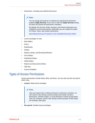 • Dimensions, including user-defined dimensions
Note:
You can assign permissions to members by selecting the dimension
property Apply Security. If you omit or clear the Apply Security setting,
all users can access the dimension's members.
By default, the Account, Entity, Scenario, and Version dimensions are
enabled for access permissions. Optionally, you can enable this option
for Period, Years, and Custom dimensions.
See Editing Dimension Properties in the Simplified Dimension Editor.
• Launch privileges to rules
• Rule folders
• Forms
• Dashboards
• Infolets
• Reports, Books, and Bursting Definitions
• Form folders
• Dashboard folders
• Infolet folders
• Reports and Documents folders
• Task lists
• Groovy templates
Types of Access Permissions
Access permissions include Read, Write, and None. You can also set who can launch
which rules.
• Launch: Allow launch privileges
Note:
View user types have no Write permission to dimension members, so
can't launch rules having runtime prompts that include members,
dimensions, member ranges, or cross-dimension runtime prompt types.
They can, however, launch rules having runtime prompts of other types
(for example, date type).
• No Launch: Disallow launch privileges
Chapter 5
Types of Access Permissions
5-2
 