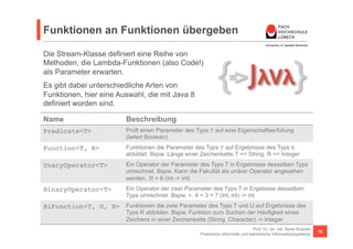 Funktionen an Funktionen übergeben 
Die Stream-Klasse definiert eine Reihe von 
Methoden, die Lambda-Funktionen (also Code!) 
als Parameter erwarten. 
Es gibt dabei unterschiedliche Arten von 
Funktionen, hier eine Auswahl, die mit Java 8 
definiert worden sind. 
Name Beschreibung 
Predicate<T>! Prüft einen Parameter des Typs T auf eine Eigenschaftserfüllung 
Prof. Dr. rer. nat. Nane Kratzke 
Praktische Informatik und betriebliche Informationssysteme 70 
(liefert Boolean) 
Function<T, R>! Funktionen die Parameter des Typs T auf Ergebnisse des Typs R 
abbildet. Bspw. Länge einer Zeichenkette T == String, R == Integer 
UnaryOperator<T>! Ein Operator der Parameter des Typs T in Ergebnisse desselben Typs 
umrechnet. Bspw. Kann die Fakultät als unärer Operator angesehen 
werden. 3! = 6 (int -> int) 
BinaryOperator<T>! Ein Operator der zwei Parameter des Typs T in Ergebisse desselben 
Typs umrechnet. Bspw. +. 4 + 3 = 7 (int, int) -> int 
BiFunction<T, U, R>! Funktionen die zwei Parameter des Typs T und U auf Ergebnisse des 
Typs R abbilden. Bspw. Funktion zum Suchen der Häufigkeit eines 
Zeichens in einer Zeichenkette (String, Character) -> Integer 
 
